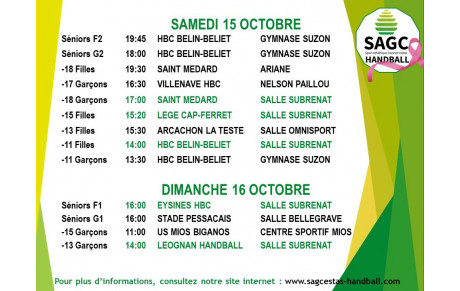 Matchs du weekend du 15 et 16 octobre