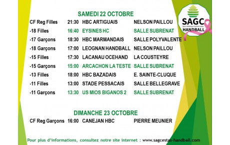 Matchs du weekend du 22 et 23 octobre
