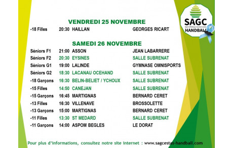Matchs du weekend du 25 et 26 novembre
